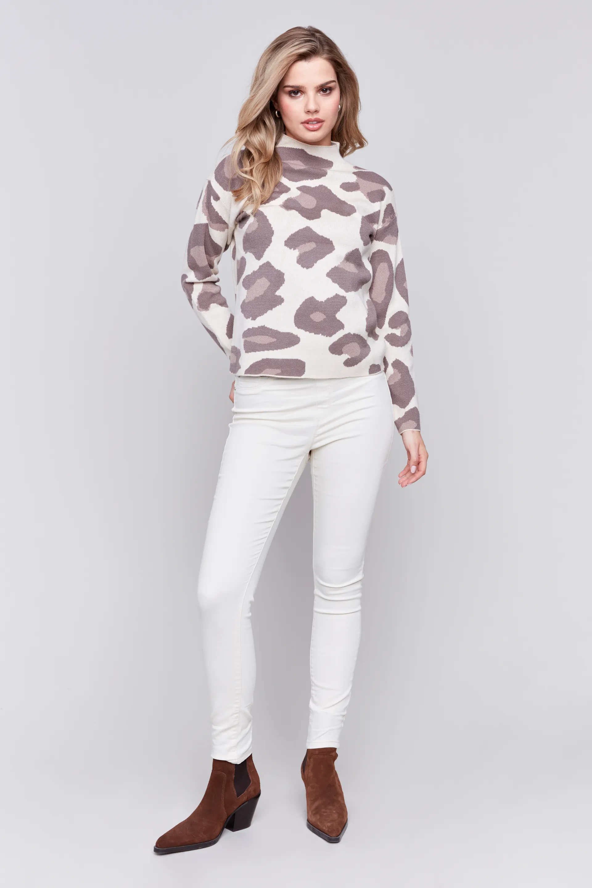 Animal Jacquard Mock Neck Drop Shoulder Sweater