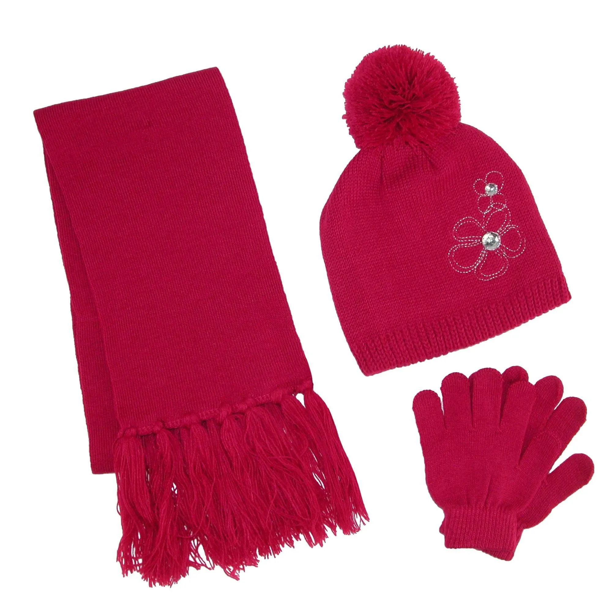 ClimaZer0 Girl's Flower Beanie Hat Scarf and Gloves Winter Set