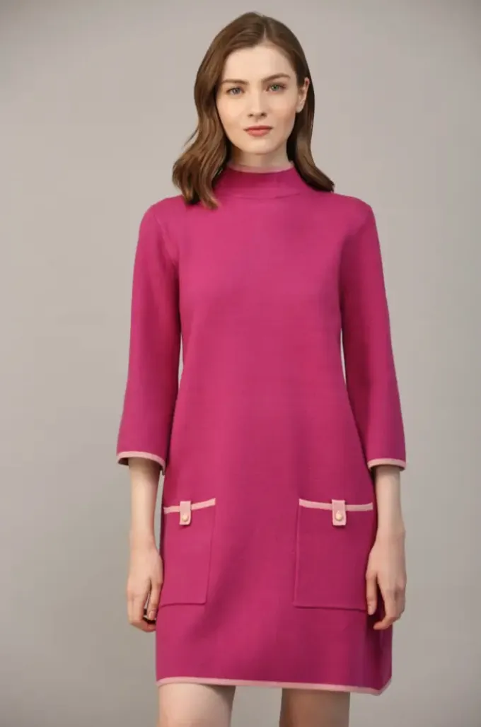 Contrast Color Knit Mock Neck Sweater Dress