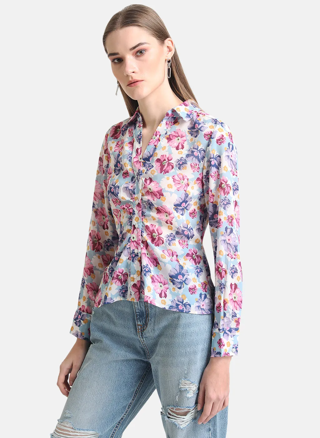 Floral Printed Shirt With Ruching