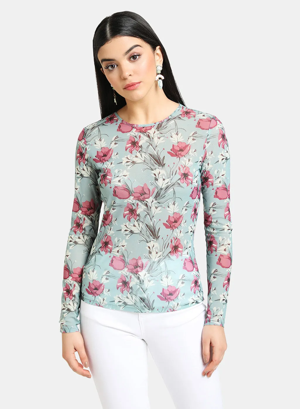 Floral Stretch Mesh Bodycon Top With Full Sleeves