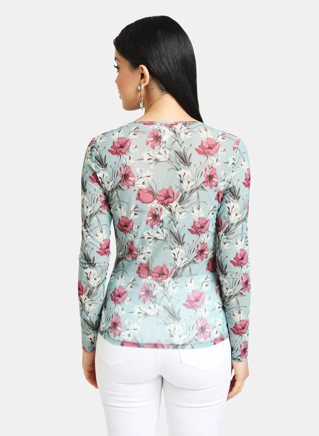 Floral Stretch Mesh Bodycon Top With Full Sleeves