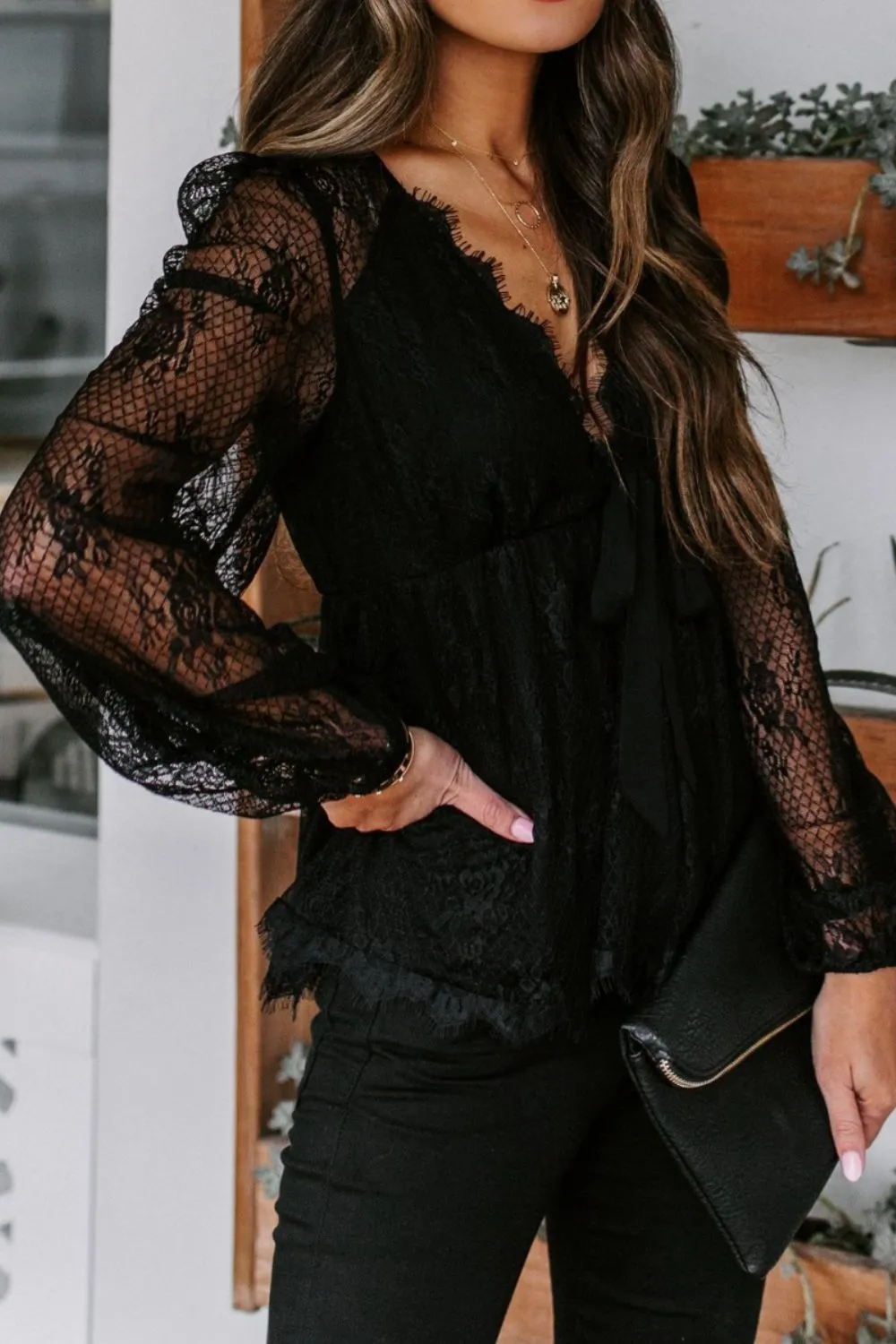 Lace Detail Plunge Long Sleeve Blouse