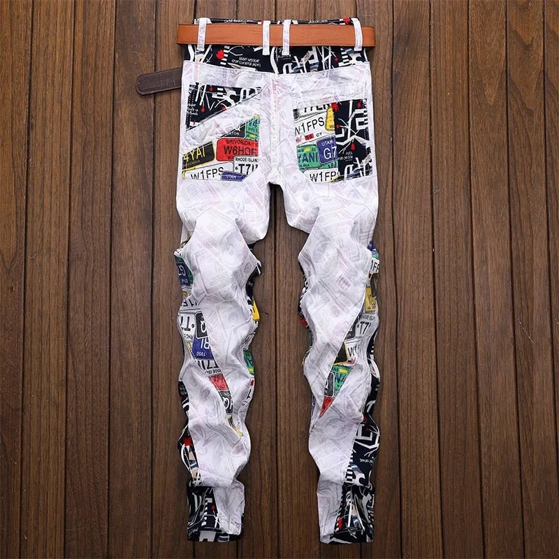 Men's Hip Hop Patchwork Flower Printed Small Leg Stretch Skinny Jeans Pants