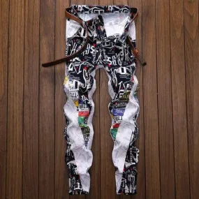 Men's Hip Hop Patchwork Flower Printed Small Leg Stretch Skinny Jeans Pants