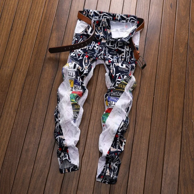 Men's Hip Hop Patchwork Flower Printed Small Leg Stretch Skinny Jeans Pants