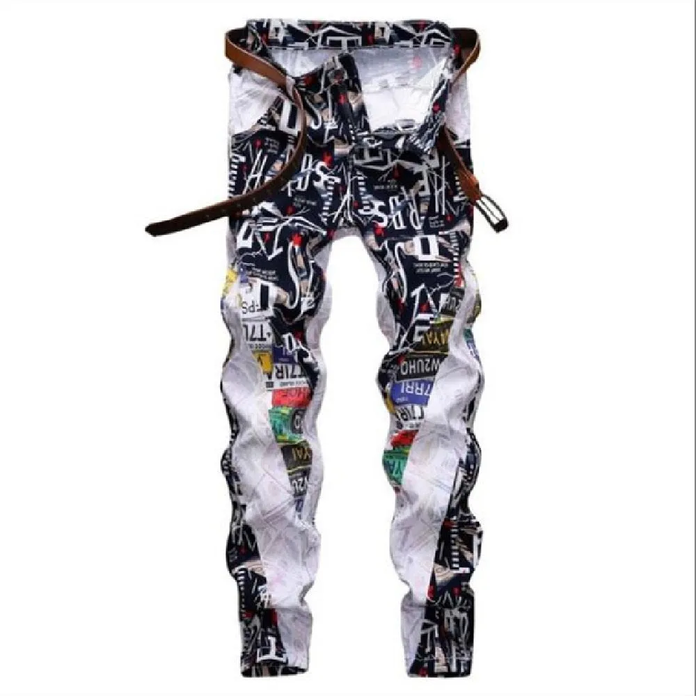 Men's Hip Hop Patchwork Flower Printed Small Leg Stretch Skinny Jeans Pants