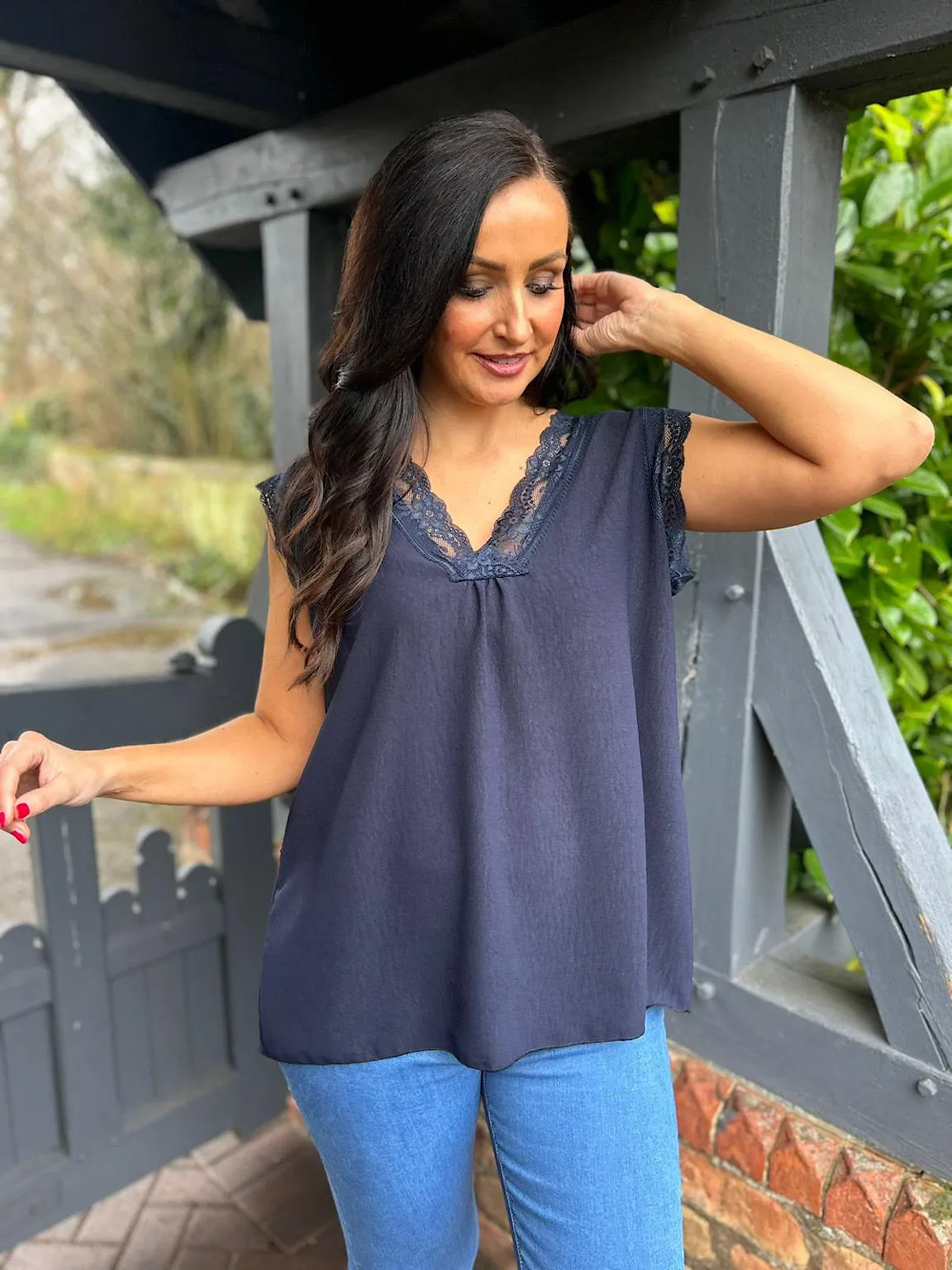 Navy V Neck Lace Trim Top Brianna