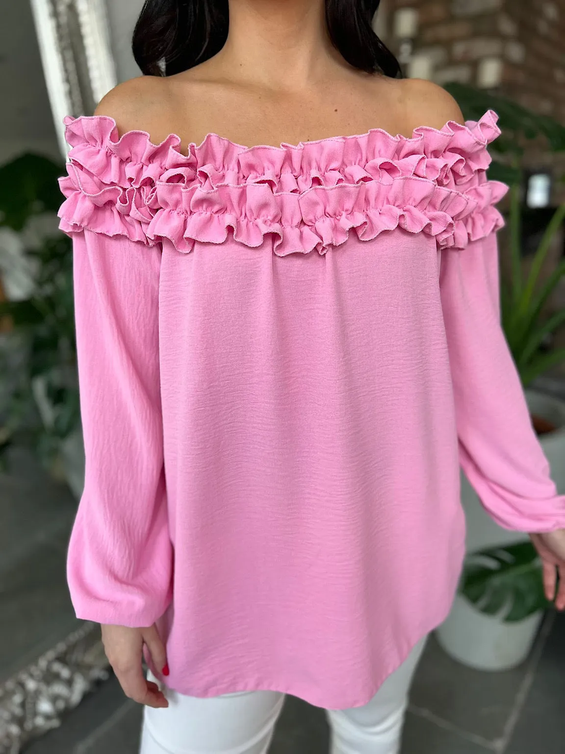 Pink Ruffle Bardot Top Heidi