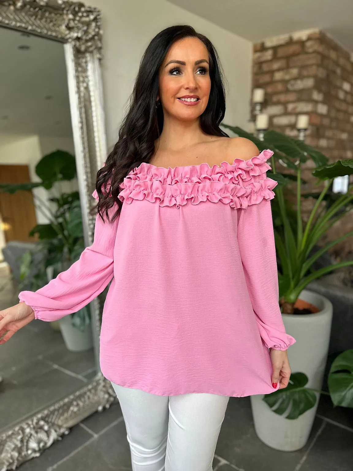 Pink Ruffle Bardot Top Heidi