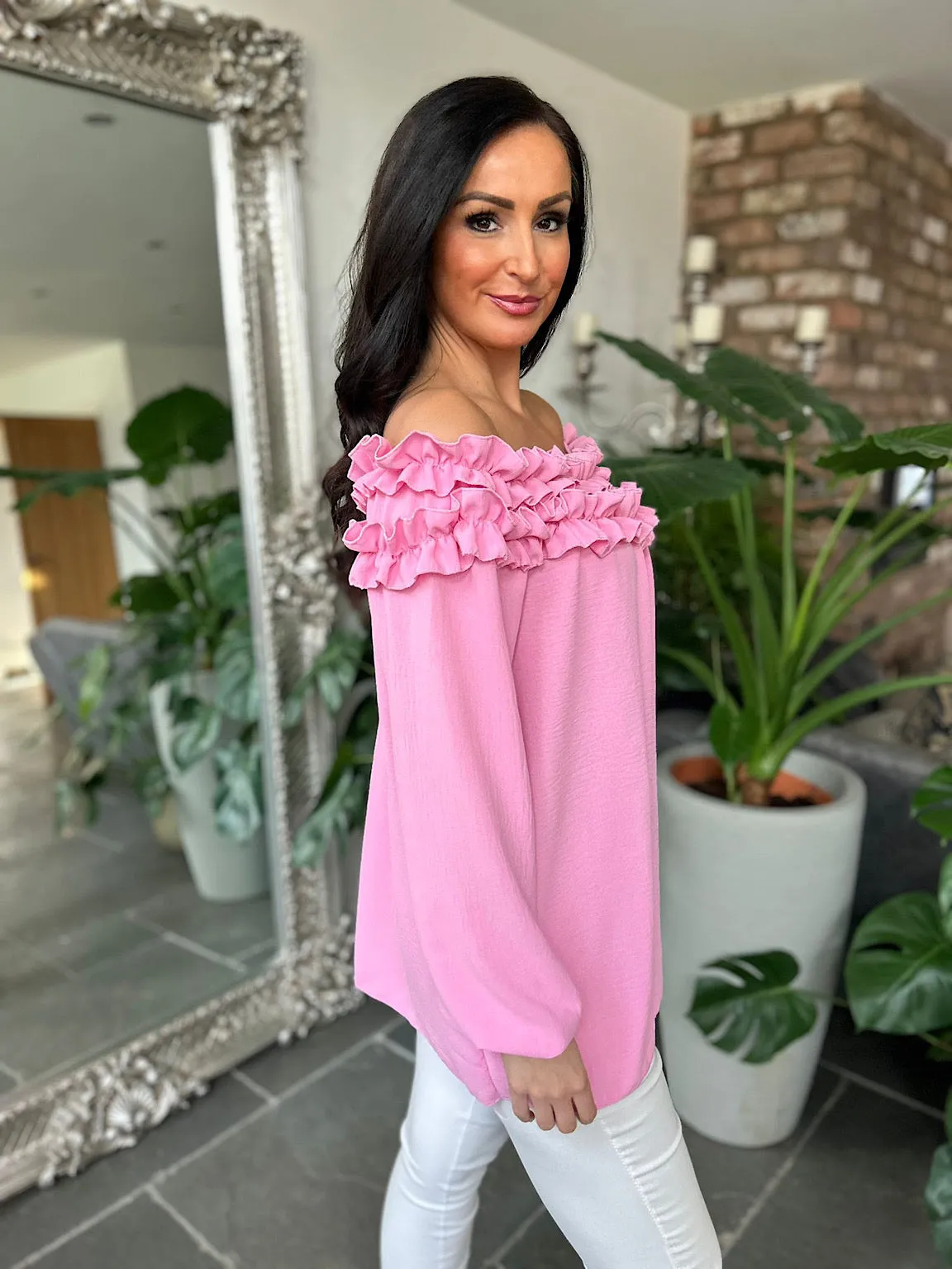 Pink Ruffle Bardot Top Heidi