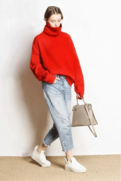 Solid color loose turtleneck wool sweater for women