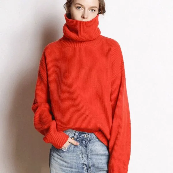 Solid color loose turtleneck wool sweater for women