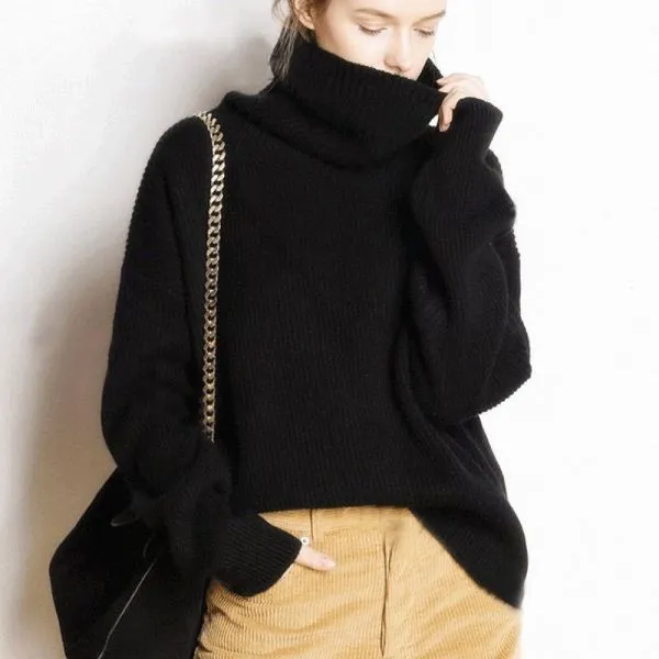 Solid color loose turtleneck wool sweater for women