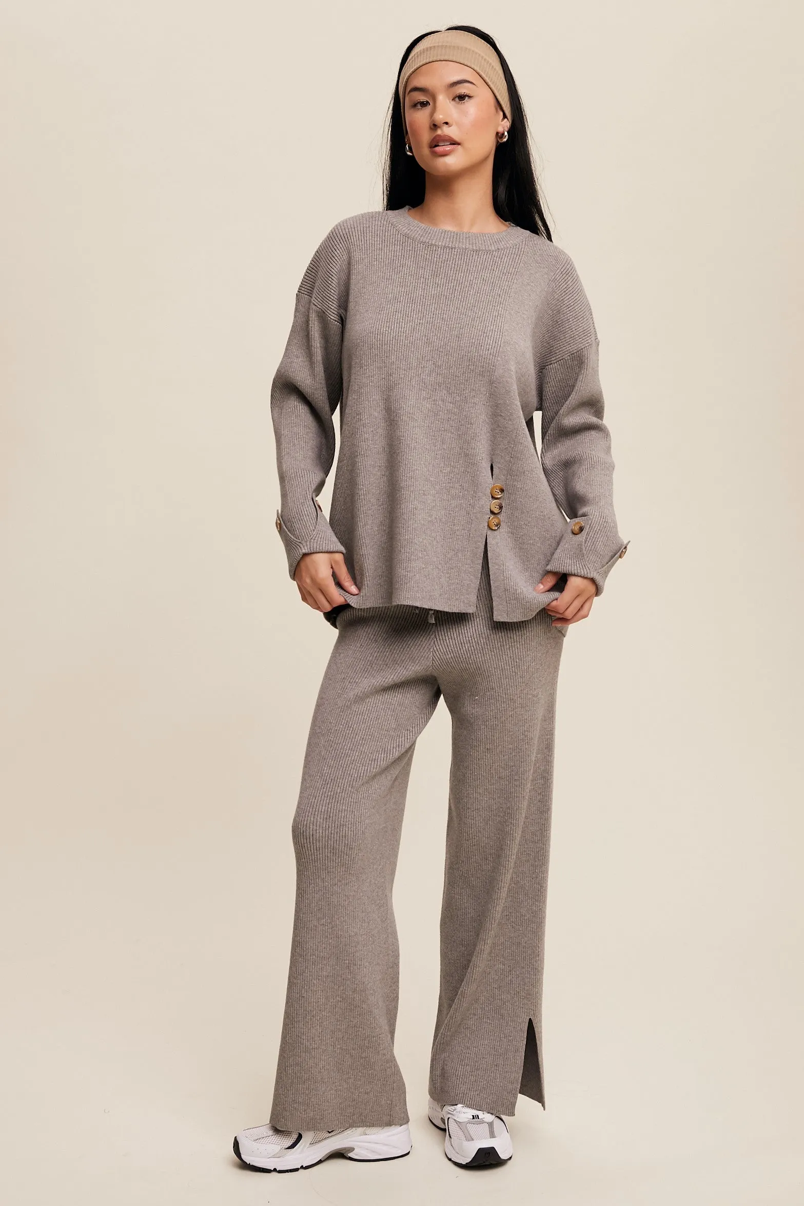 Theresa Side Button Detailed Knit Sweater and Pants Set in Heather Grey