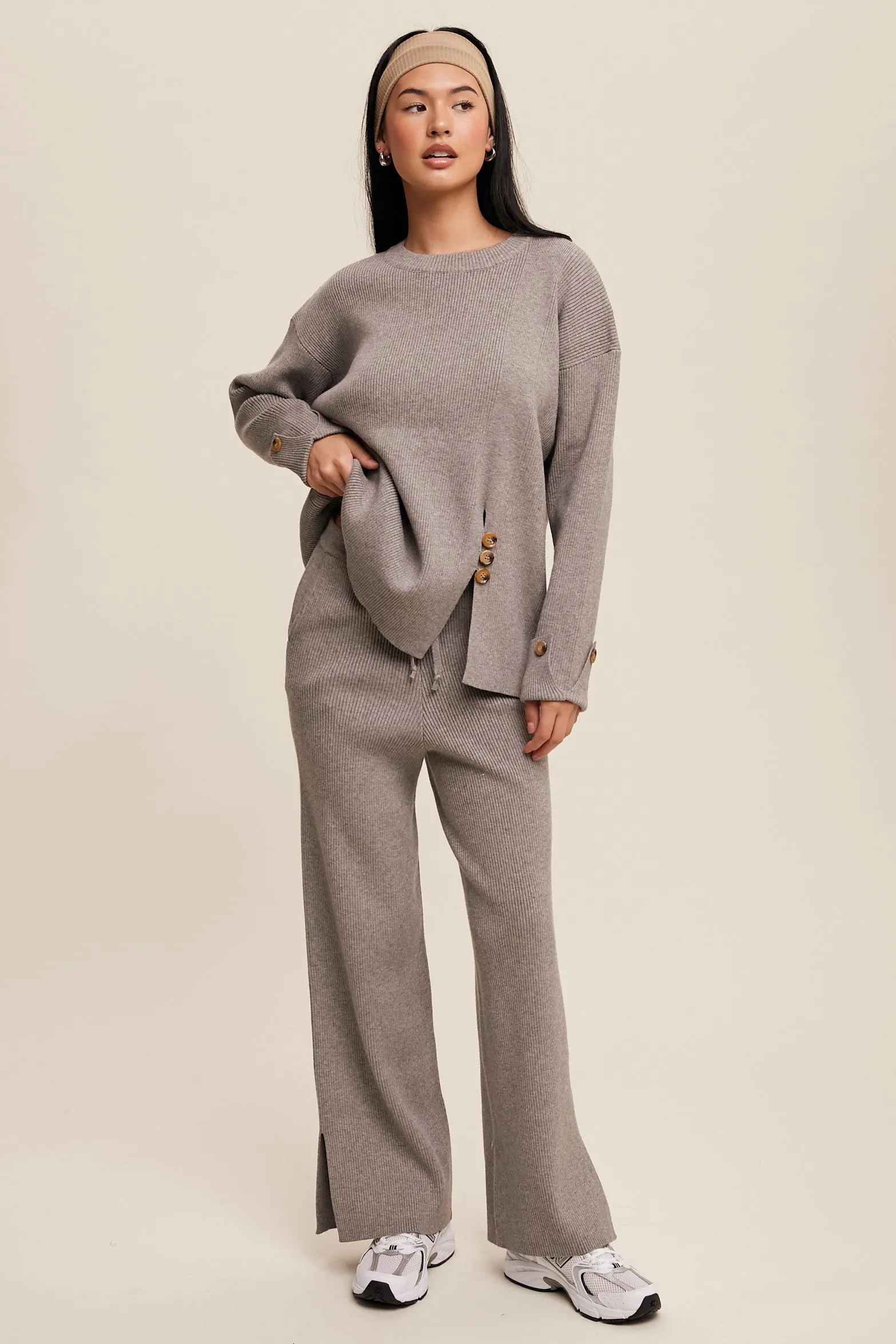 Theresa Side Button Detailed Knit Sweater and Pants Set in Heather Grey