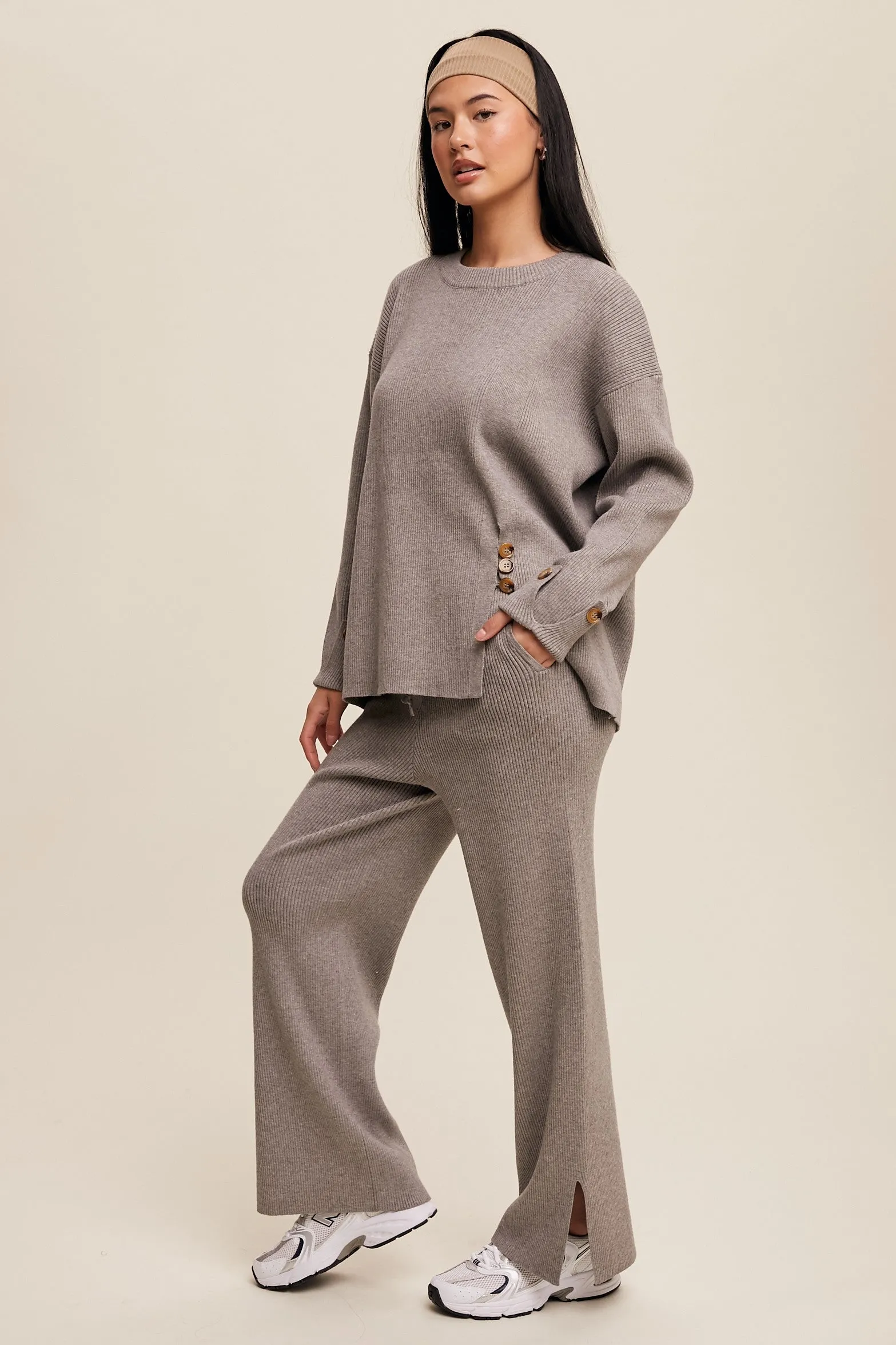 Theresa Side Button Detailed Knit Sweater and Pants Set in Heather Grey