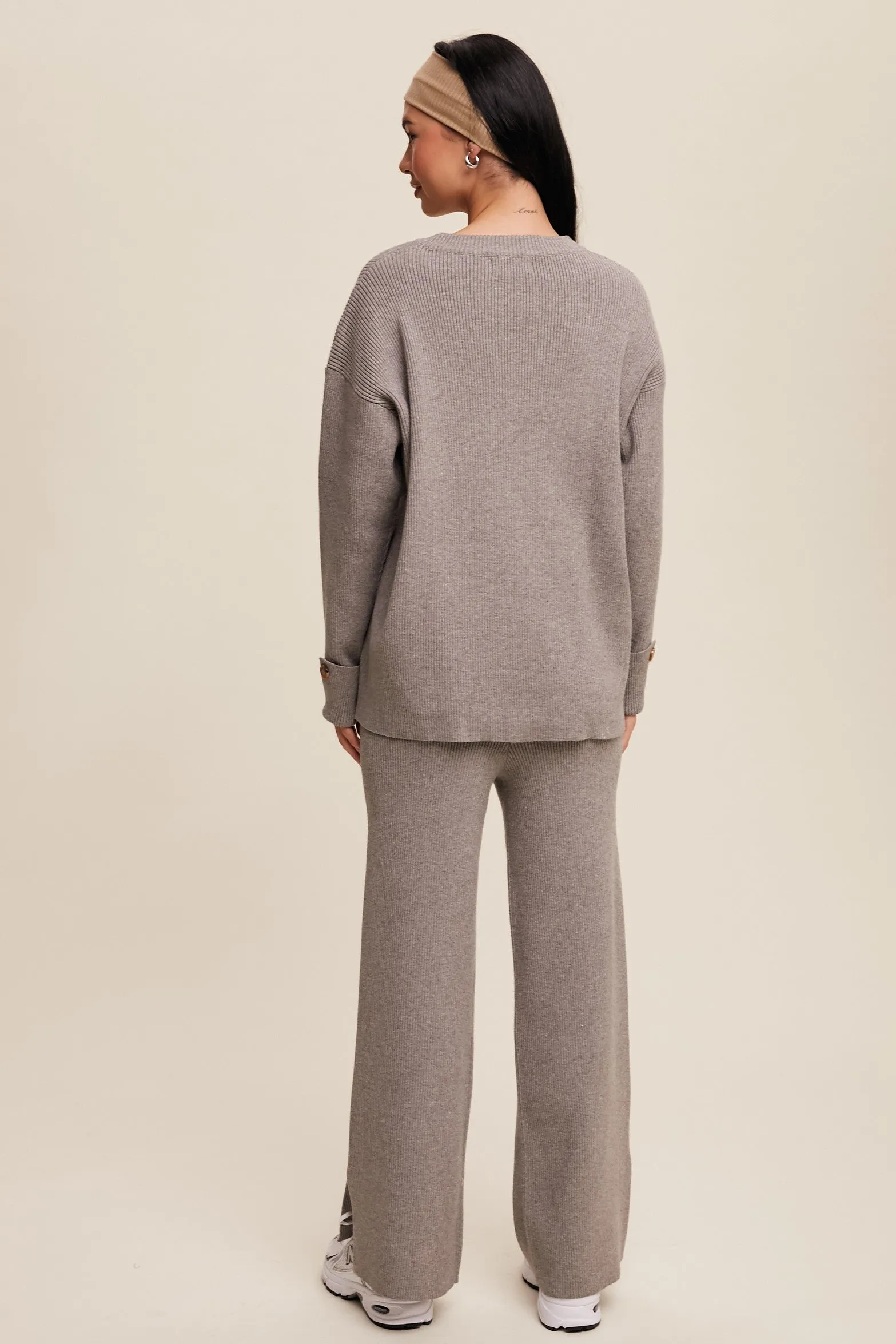 Theresa Side Button Detailed Knit Sweater and Pants Set in Heather Grey