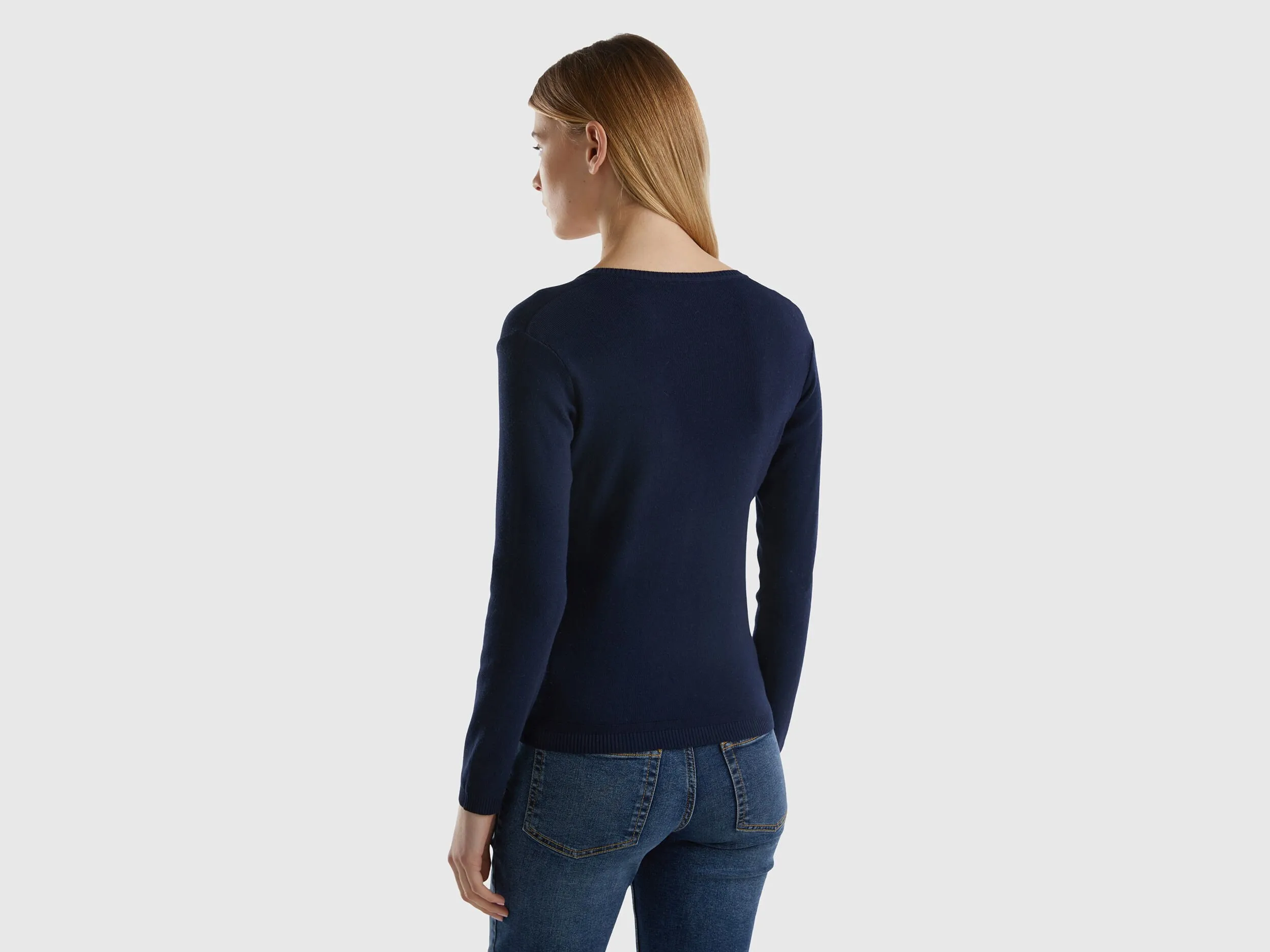 V-neck sweater in pure cotton - Dark Blue | Benetton