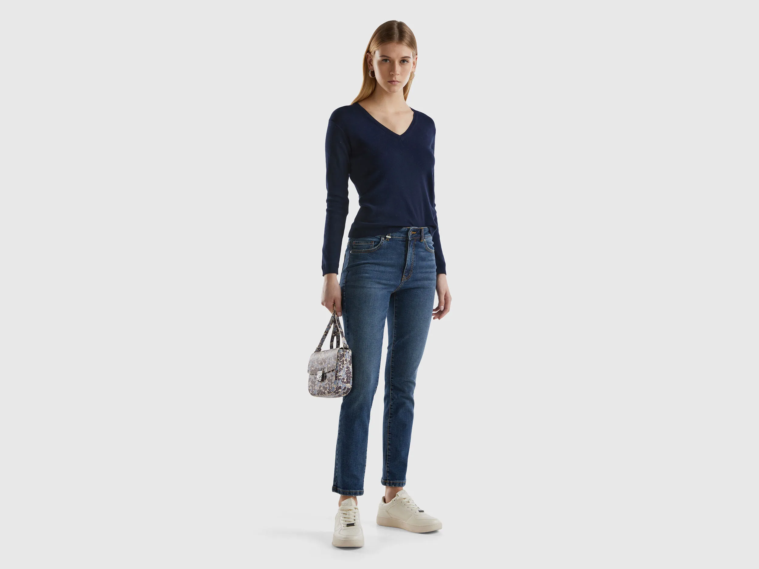 V-neck sweater in pure cotton - Dark Blue | Benetton