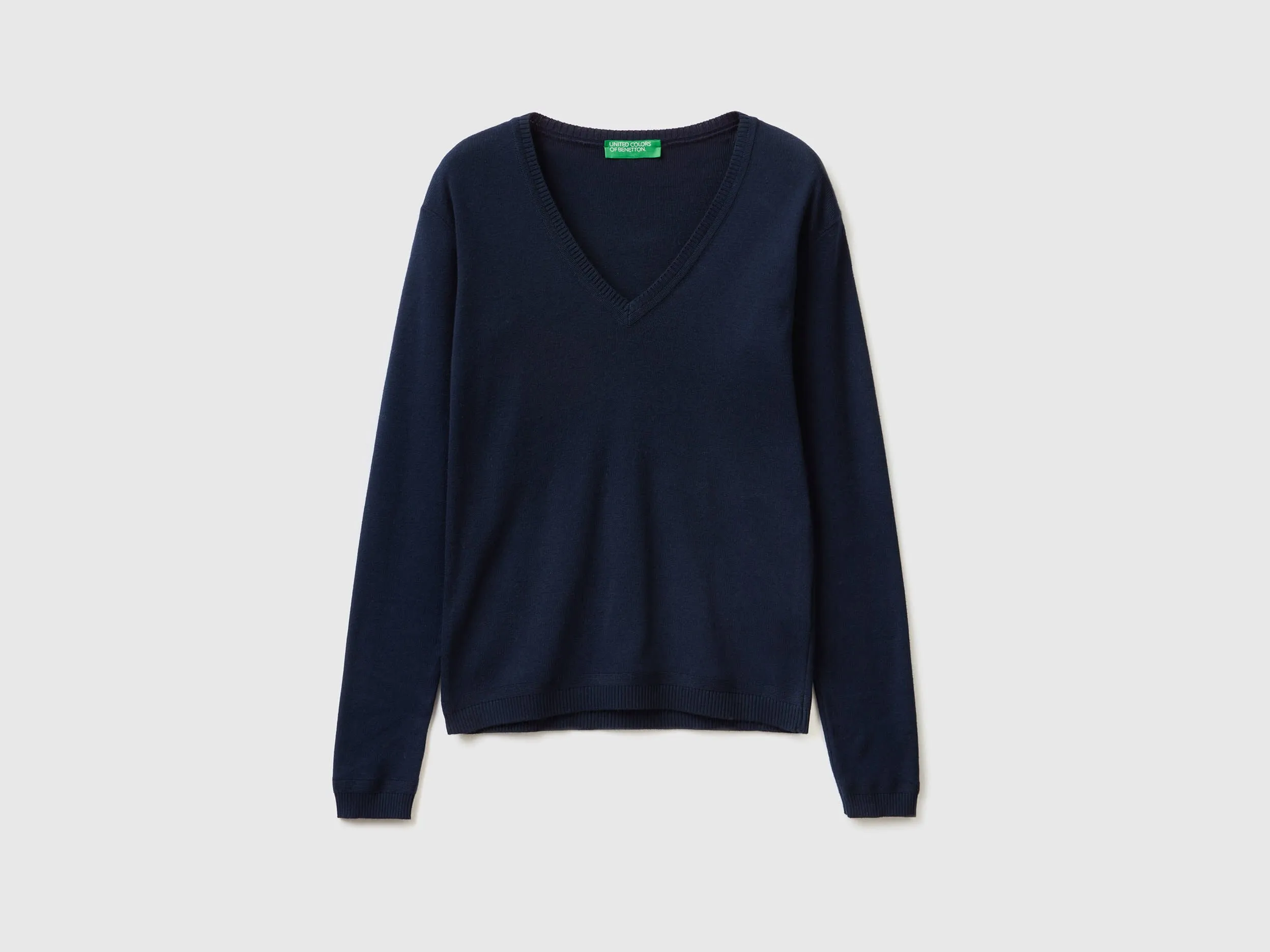 V-neck sweater in pure cotton - Dark Blue | Benetton