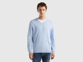 V-neck sweater in pure cotton - Sky Blue | Benetton