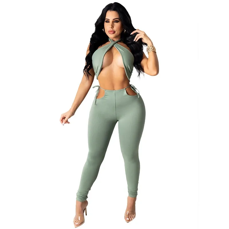 Women's Sexy Halter Neck Tank Tops Tie Up Pencil Trousers Two Piece Sets