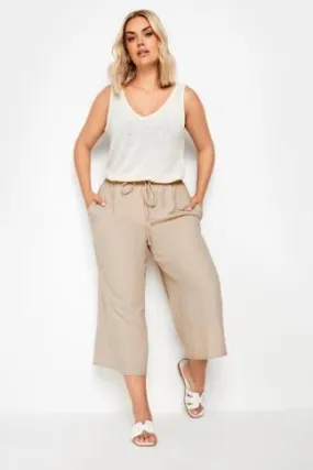 YOURS Curve Beige Brown Linen Look Cropped Trousers