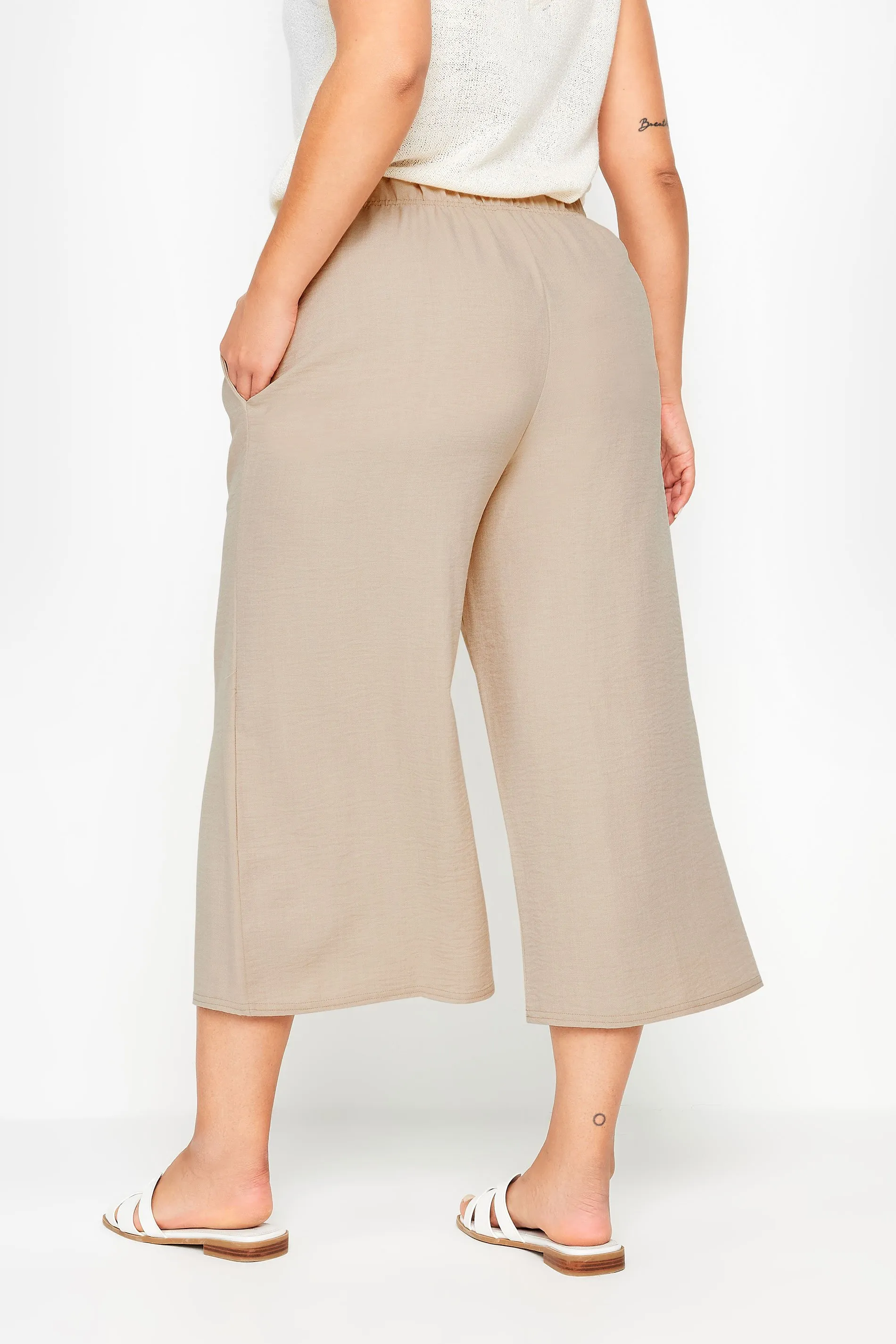 YOURS Curve Beige Brown Linen Look Cropped Trousers