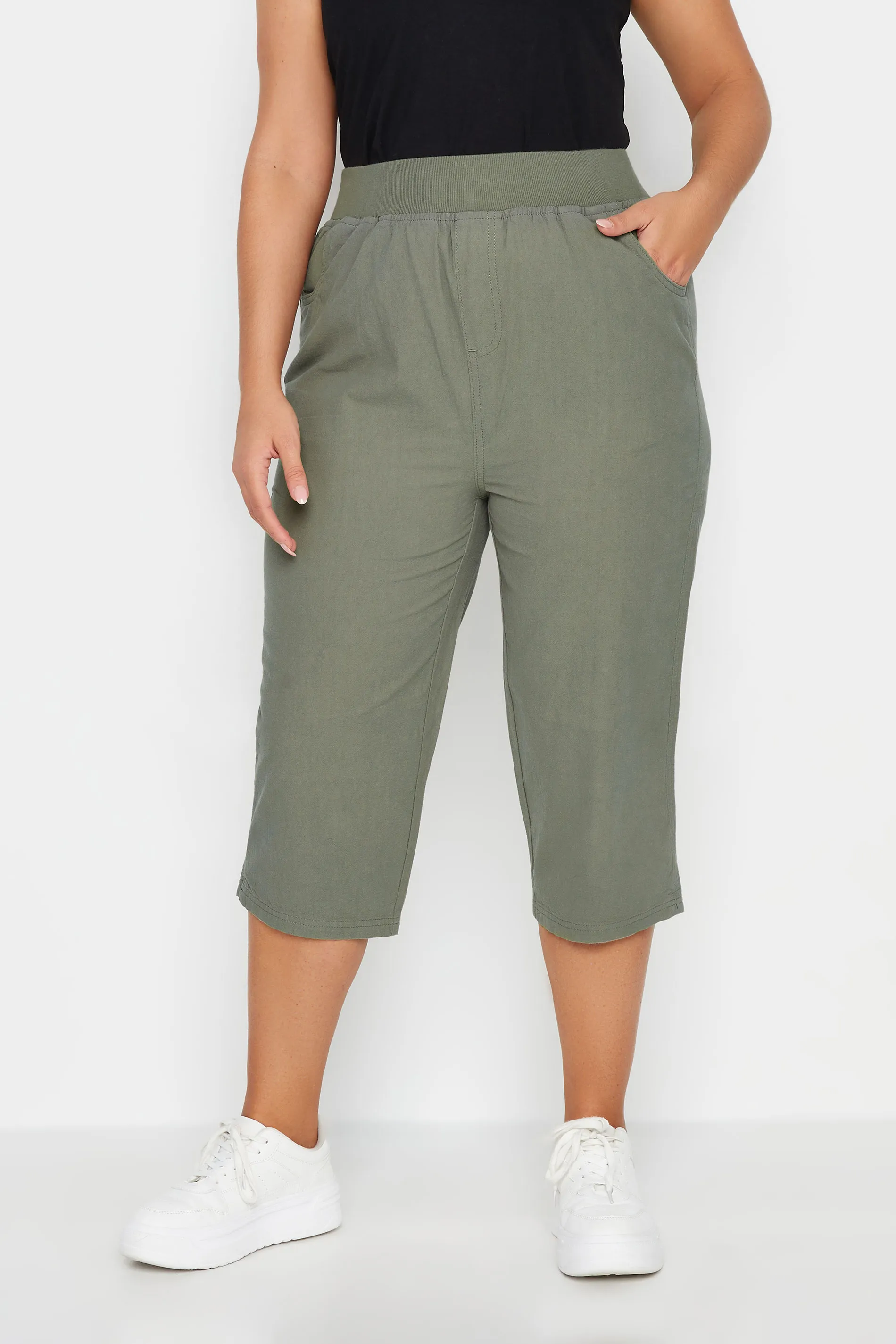 YOURS Curve Khaki Green Elasticated Cool Cotton Cropped Trousers